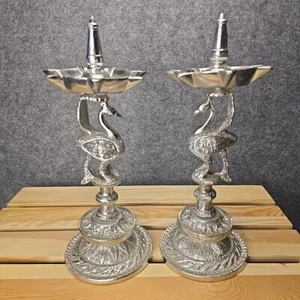 Silver Indian Diya Peacock Standing Oil Lamps for festivals and celebrations - Picture 1 of 13