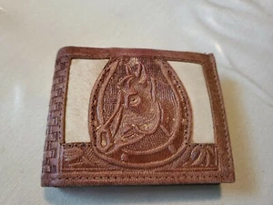 Vintage Mens Cowboy Westem Ranchero Bifold Leather & Raw Hide Horse Wallet-New - Picture 1 of 10