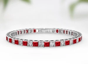 16 ctw Created Princess Cut Ruby & Diamond Tennis Women Bracelet 14K Gold Plated - Picture 1 of 6