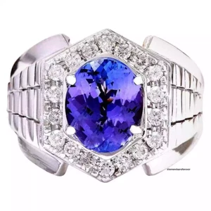 Purplish Blue Oval Cut 4.52CT Tanzanite With Shiny White CZ Men's Wedding Ring - Picture 1 of 5
