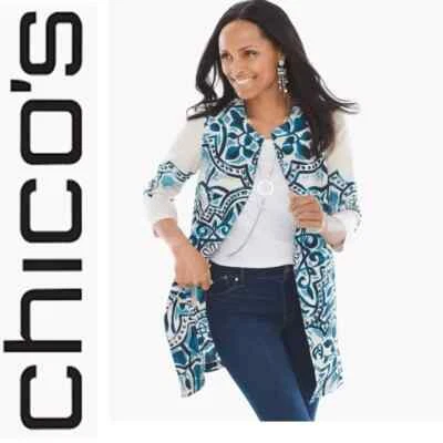 NEW Chico's Women's Artisan Printed Linen Jacket Multi-Color Size 2 (L) $129 - Image 1 of 4