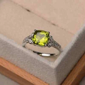 2.19 Ct Natural Peridot & Diamond Valentine's Day Ring 14K Real White Gold solid - Picture 1 of 4