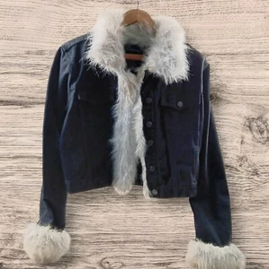 No Boundaries Y2K Faux Fur Black Denim Jacket size XL Jrs. - Picture 1 of 16