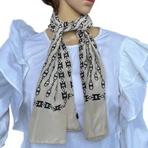 Vintage La Belle Creole Paris Silk Scarf Beige Black Chain Print 42inx10in Glam - Picture 1 of 11