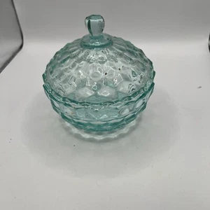 Indiana Glass Cubic Covered Candy Dish Blue MCM Barware Decor Kitchen Vintage - Imagen 1 de 3
