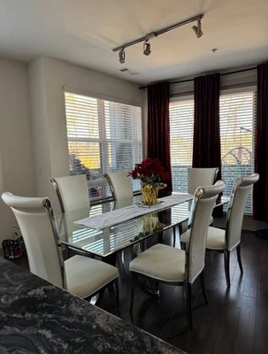 Elegant 8ft Glass Dining Table with 6 Luxe White Leather Chairs - Image 1 of 3
