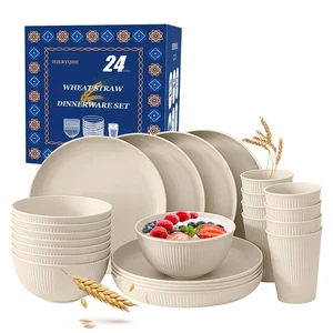 Wheat Straw Dinnerware Sets 24PCS -Set of 8, Reusable Plates and Bowls Set Di... - Picture 1 of 8