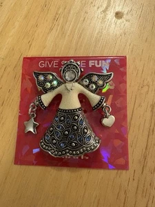 Angel Pin Brooch , Silver Tone & Crystals NEW w/Tag Star Heart Dangles Glitter - Picture 1 of 5