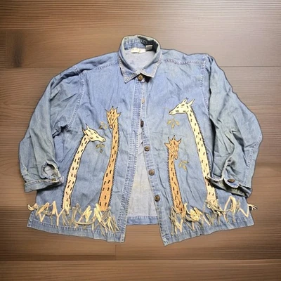 VTG Dressbarn Woman Denim Overshirt Giraffe Embroidered Fringe XXL Button Front - Image 1 of 4