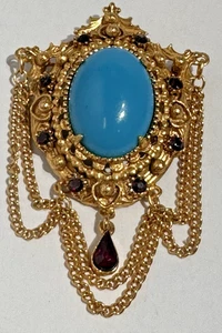 Spilla cabochon Florenza vintage tono oro colore blu turchese dichiarazione - Foto 1 di 11