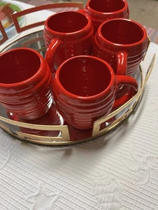 BAUER POTTERY Ringed Bee Hive Mugs 2000 in Lipstick Red Set of Five - Picture 1 of 5
