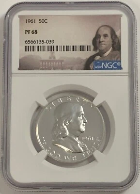 1961 NGC PF68 Silver Proof Franklin Half Dollar 50c 90% Silver Portrait - Image 1 of 3