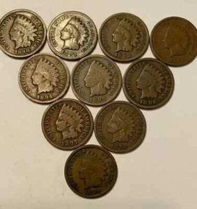 1890-1899 Indian Head Cent Penny Set Lot, 10 Coins Very Good+ - Picture 1 of 1