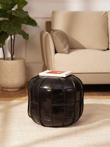 BBH HOMES HECHO A MANO ECOLÓGICO FORMA REDONDA RELLENO BÚFALO CUERO NEGRO PUF - Imagen 1 de 24