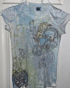Girl's Blue Graphic Tee "Peace" Flowers Gypsy Doll Medium 10/12 VGUC - Picture 1 of 7