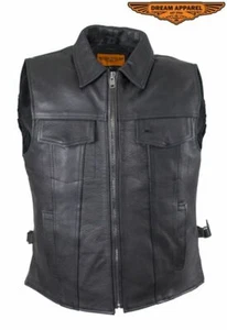 Men's Motorcycle Club Leather Vest Zippered with Fold-down Collar & Hidden Snaps - Picture 1 of 12
