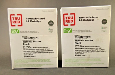 TRU RED 2 boxes of 2 PGI-5 (0628B009) Blk Remnfctrd Cartridges 2/PK (4 total !!) - Image 1 of 4