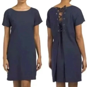 Theory Navy Blue Lace Back Raglan Shift Dress Linen Blend Size 6 Knee Length - Picture 1 of 9