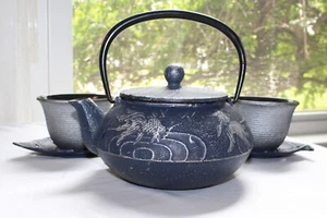 7 Piece Japanese Tea Set Midnight Blue Koi Cast Iron Teapot w/ 2 Cups & Saucers  - Picture 1 of 24