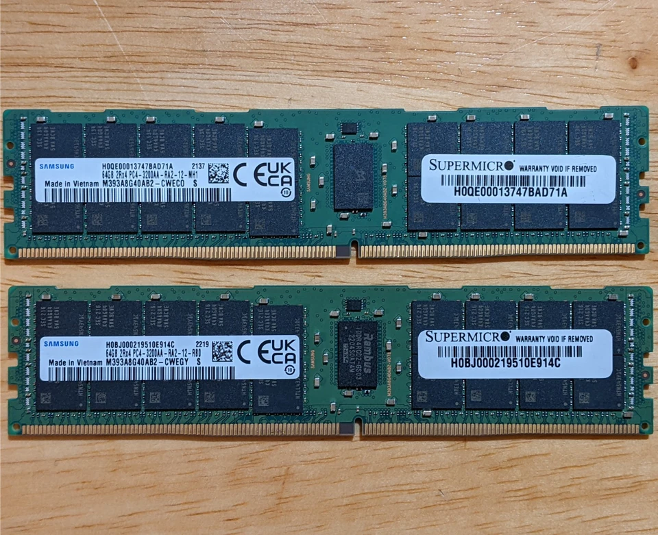 Lot of 2 x SAMSUNG 64GB 2RX4 PC4-3200AA Server Memory SuperMicro M393A8G40AB2 - Image 1 of 1