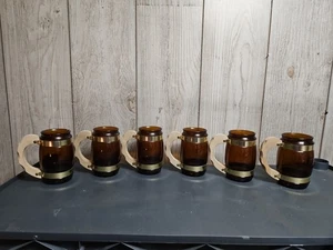 SIESTA WARE Brown Glass BEER MUGS w/Wood Handles & Gold Tone, Set of 6, VTG - Picture 1 of 24