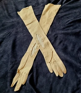 Vintage Beige Women's Long Leather Gloves Reynier France Circa Early 1900s - Picture 1 of 20