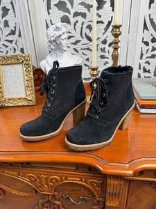 UGG Sofia Lace-Up Black Suede Shearling Boots Size 6 - Picture 1 of 8