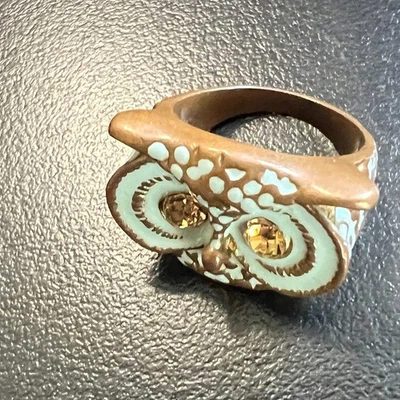 Anillo de búho caprichoso para mujer marrón azul esmalte talla 7 llamativo ojos de cristal animal Foto 1 de 4