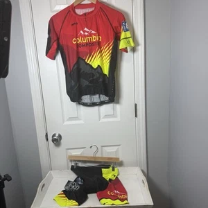 Athlos Fahrrad Outfit 2-teilig Oberteil & gepolsterte Shorts rot gelb Größe SM Columbia SS - Bild 1 von 10
