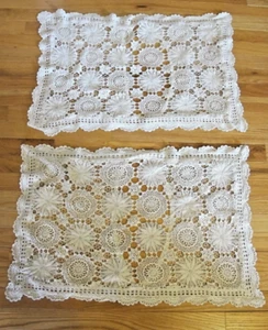 2 Vintage Crochet Lace & Rosette Standard Ecru Pillow Shams - Picture 1 of 6