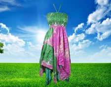 Women's Floral Summer Halter Dress, Green Purple Bohemian Recycled Handmade S/M