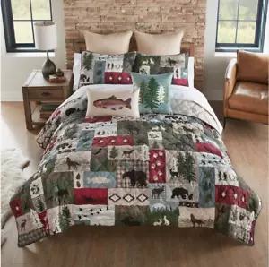 NEW! Country Bear Lodge Fisherman Theme Quilt Set Rustic Country Cabin Lake - Picture 1 of 5