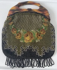 Vintage Handmade Beaded Floral Flower Purse w/ Lucite Handle - Picture 1 of 13