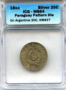 PARAGUAY 18XX SILVER 20C ON ARGENTINA 20C ICG MS65 KM#27 PARAGUAY PATTERN DIE - Picture 1 of 2