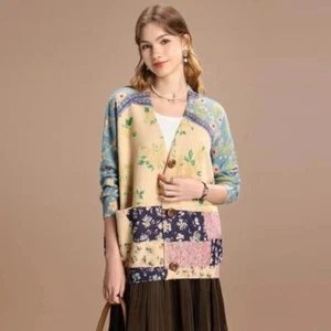 Damen Faux Nerz Samt Pullover Herbst Winter Vintage Print V-Ausschnitt Kragen - Bild 1 von 35