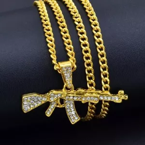 Gold AK Gun Chain Necklace Punk Big Gangster Shinny Rapper Fancy Dress Costume - Picture 1 of 4