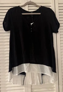 Blusa Top Bobeau Para Mujer Negra Blanca Parte Inferior Volantes e Inserción Trasera Talla L NUEVA CON ETIQUETAS - Imagen 1 de 6