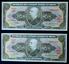 Brazil Pair ( 2 ) Vintage 1962 Consecutive Uncirculated Five Cruzeiros Banknotes