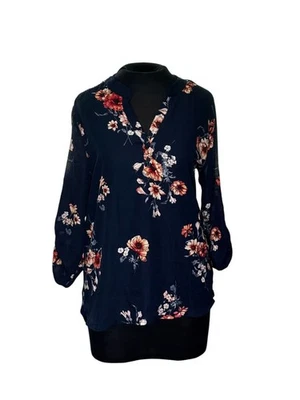 海军蓝花卉长袖衬衫女式 L 码 — 第 1/4 张图片