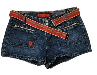 NUEVO CON ETIQUETAS Bongo Azul Denim Jean Pantalones Cortos Cinturón con Cinturón Rojo y2k Juiora Mujer Talla 7 Cremallera Paquete Foto 1 de 4