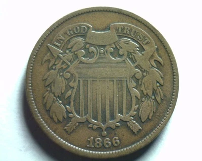 1866 TWO CENT PIECE VERY GOOD VG NICE ORIGINAL COIN FROM BOBS COINS FAST SHIP - Image 1 of 2