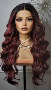 New Long Wavy Red Burgundy Wine Lace Front Wig Curly Style Womens Fashion Hair - Picture 1 of 15