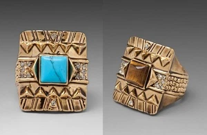 HOUSE OF HARLOW 1960 VINTAGE CUSHION COCKTAIL TIGER EYE TURQUOISE CENTER RING - Picture 1 of 6