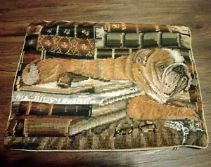 Bulldog Embroidered Pillow Cover Tan Velvet Backing Zipper Closure 10.5" x 14.5" - Picture 1 of 8