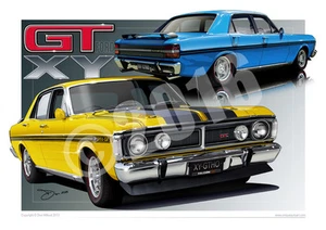 Ford XY GT Art Print - Classic Ford Falcon XY GT Car Drawings ( 31 Colours )  - Picture 1 of 35