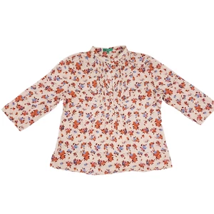 Montego Blouse Pleated Floral Top M Beige Orange Cottagecore Feminine Romantic - Picture 1 of 8