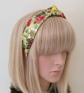 Green Floral top knot headband rockabilly pin up retro vintage Handmade Knotted - Picture 1 of 5