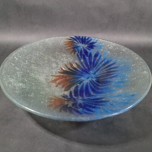 Fused Art Glass Bowl Blue Floral 13 in Diam Hand Made Console Dish - Picture 1 of 9