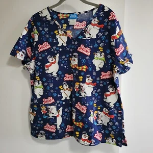 Frosty the Snowman Navy Blue 100% Cotton Women's Scrub Top Size L - VGC - Picture 1 of 5