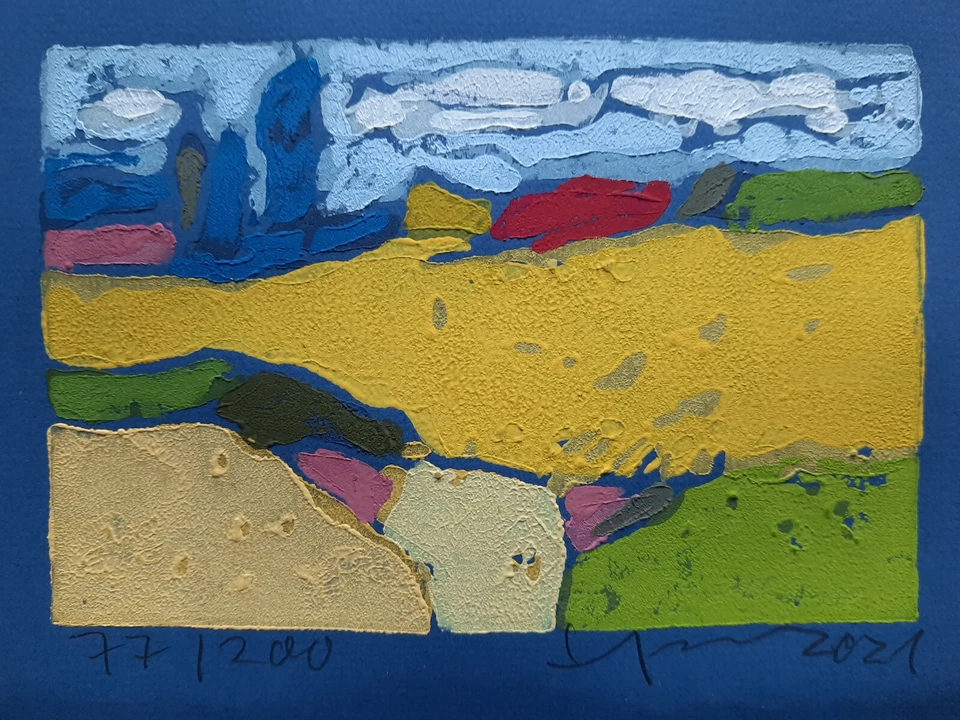 Klaus Fussmann spitzen Farblinolschnitt Raps Ostsee starke Farben. - Bild 1 von 2